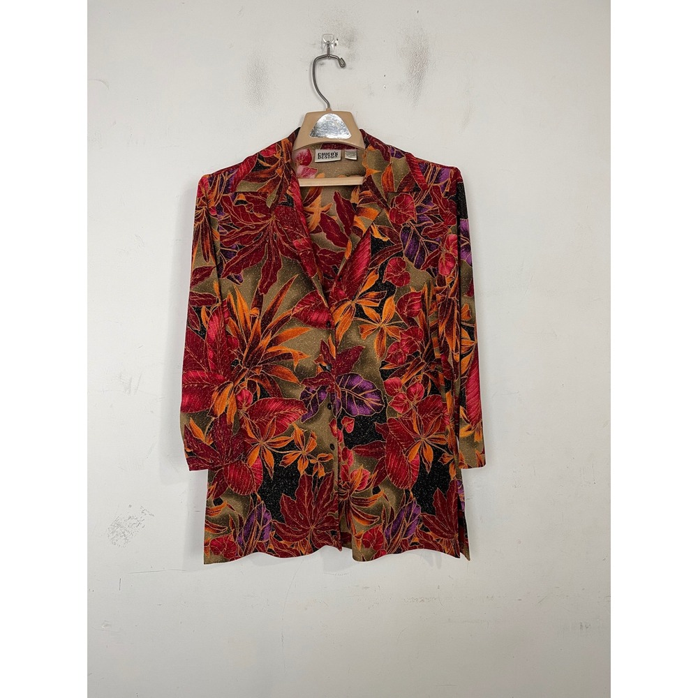 Chicos Design Tropical Leaf Print Metallic Shimmer Button Down Shirt Red‎ Size 1